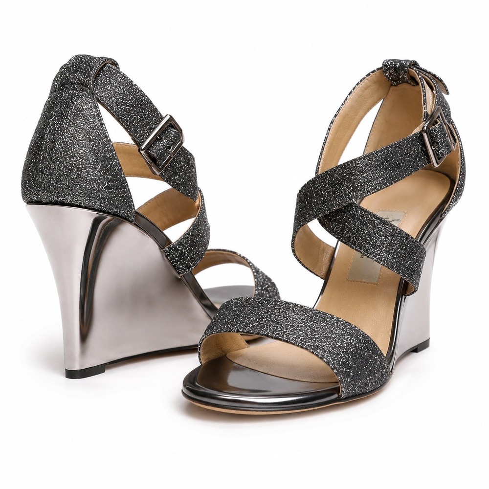 Jimmy Choo Fearne Glitter Wedge Sandals Womens 7 Silver Anthracite Heels
